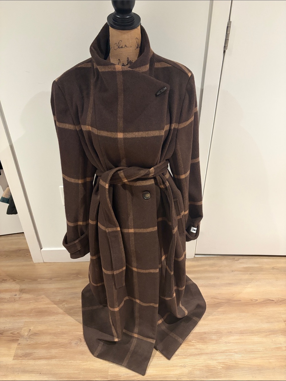 DKNYC Brown Plaid Belted Maxi Coat